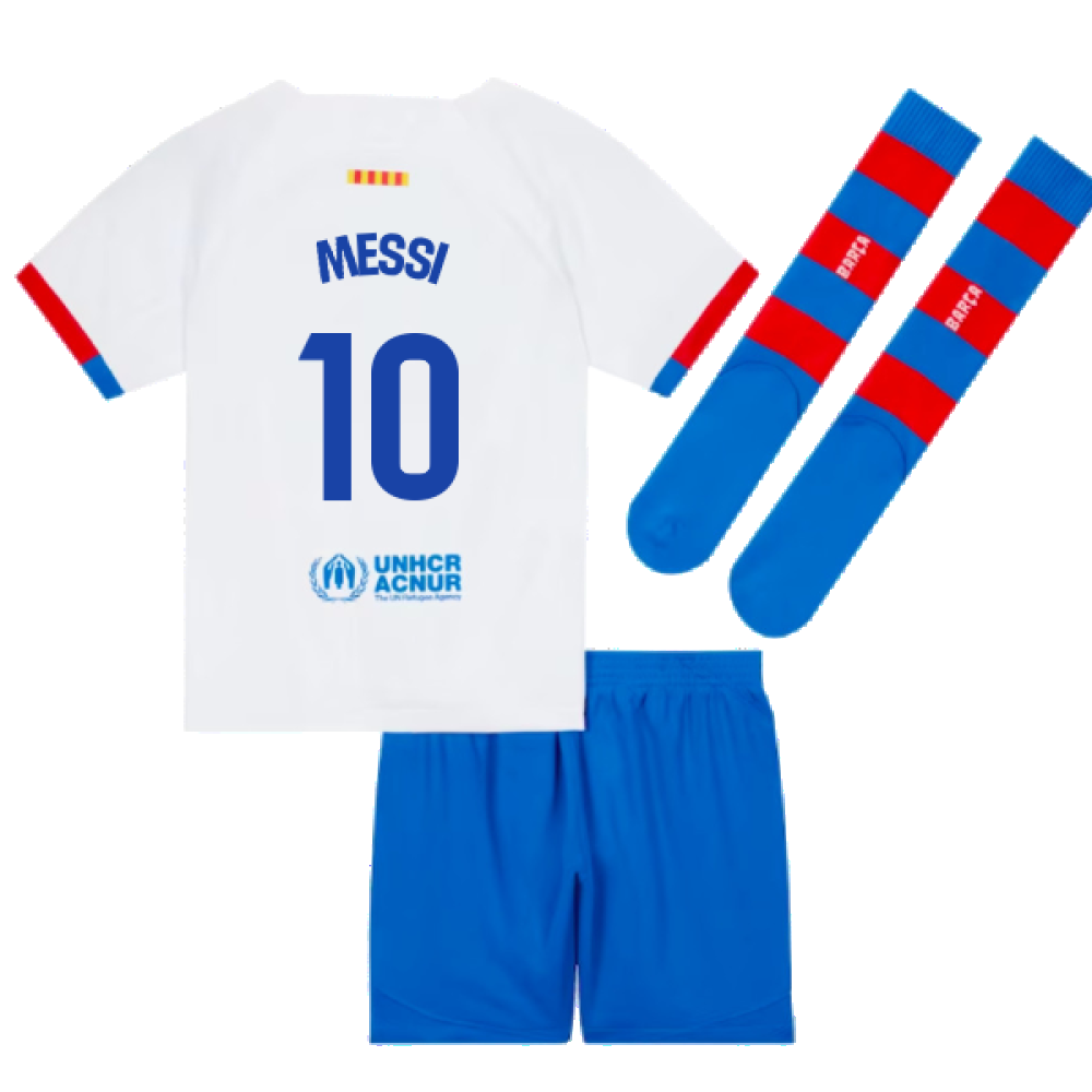 2023-2024 Barcelona Away Little Boys Mini Kit (Messi 10)