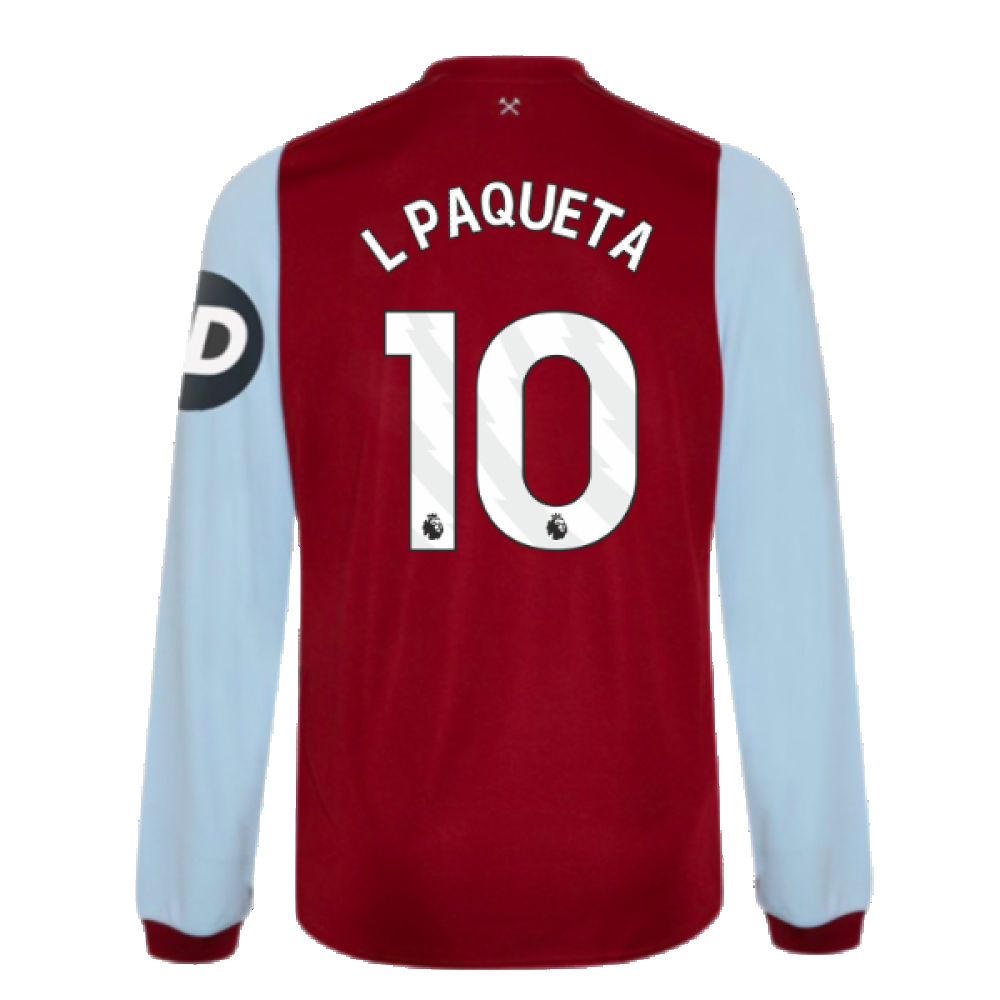 2023-2024 West Ham Long Sleeve Home Shirt (Kids) (L PAQUETA 10)