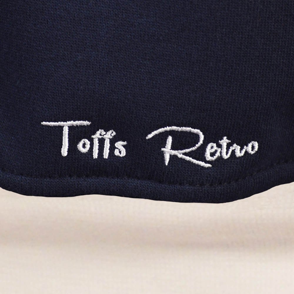 Toffs Retro Navy Hoodie White sleeve panels.