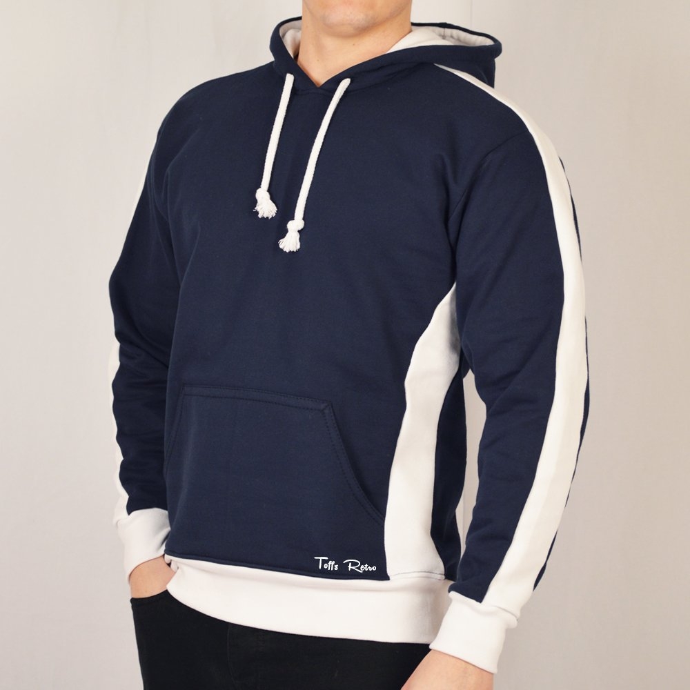 Toffs Retro Navy Hoodie White sleeve panels.