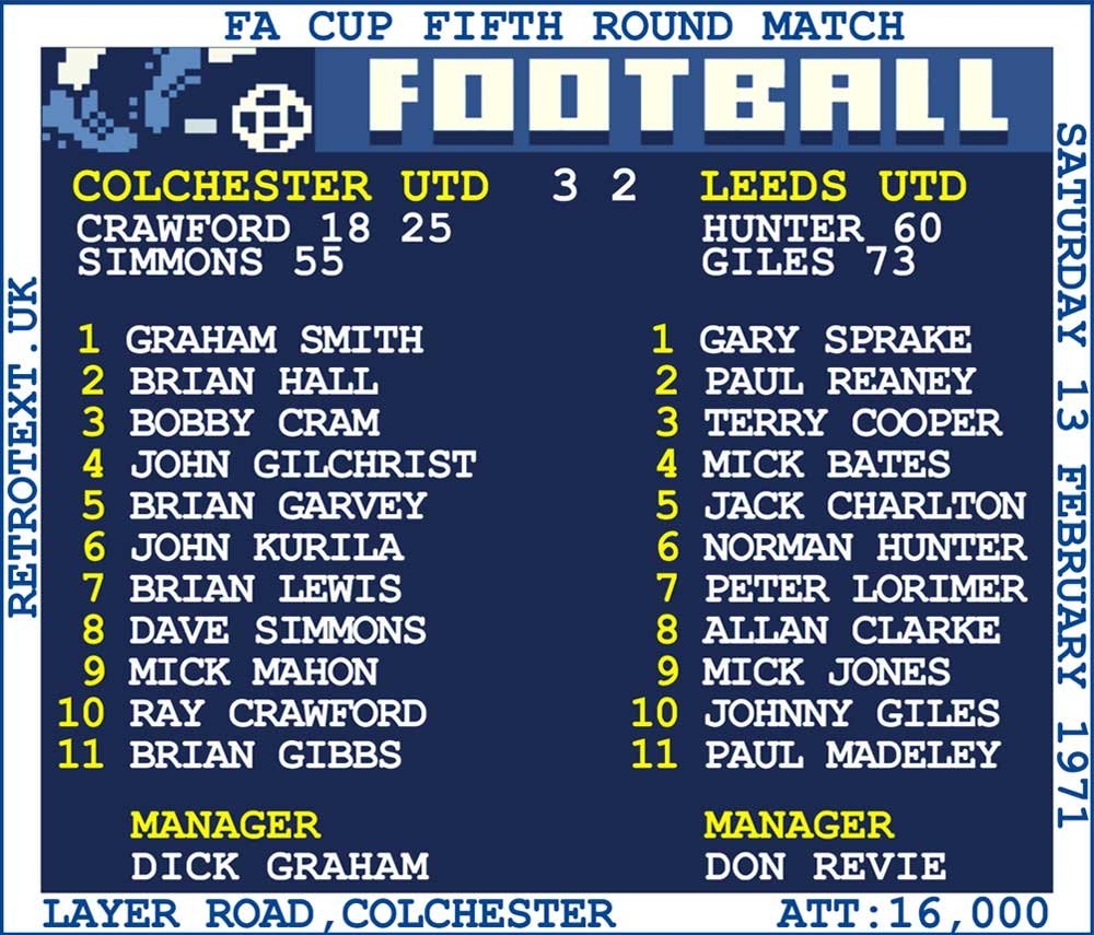 1971 Colchester Utd v Leeds (Colchester) Retrotext T-Shirt £25.00