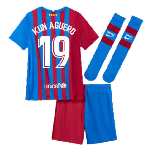 2021-2022 Barcelona Little Boys Home Kit (KUN AGUERO 19)