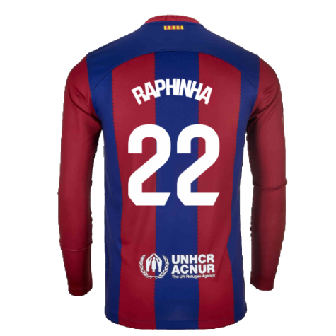 2023-2024 Barcelona Home Long Sleeve Shirt (Raphinha 22)