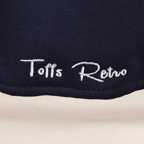 Toffs Retro Navy Hoodie White sleeve panels.