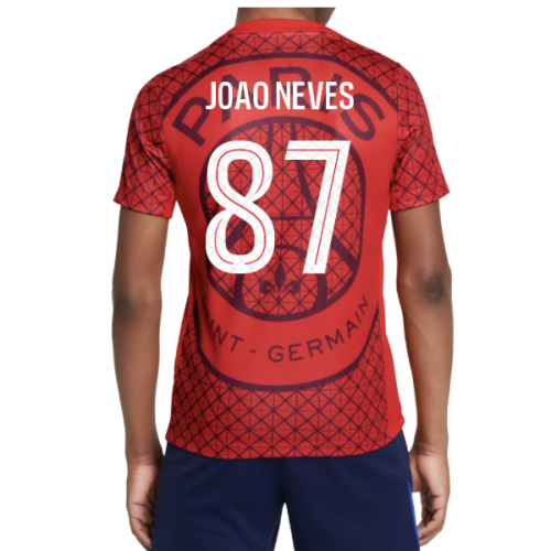 2025-2026 PSG Academy Pro Away Pre Match Shirt (Red) - Kids (Joao Neves 87)