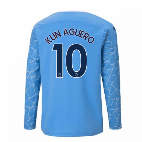 2020-2021 Manchester City Puma Home Long Sleeve Shirt (Kids) (KUN AGUERO 10)