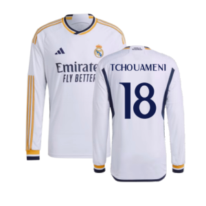 2023-2024 Real Madrid Authentic Long Sleeve Home Shirt (Tchouameni 18)