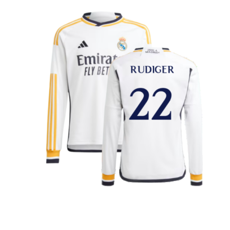 2023-2024 Real Madrid Long Sleeve Home Shirt (Kids) (Rudiger 22)