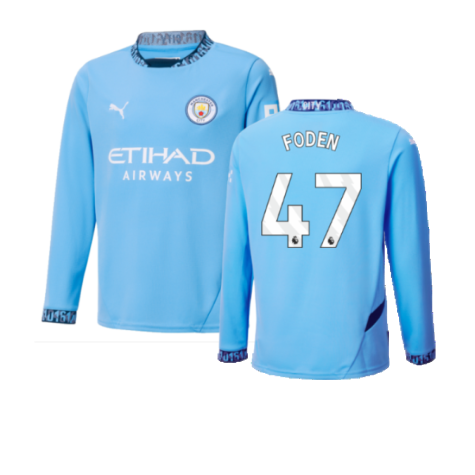 2024-2025 Man City Home Long Sleeve Shirt (Kids) (Foden 47)