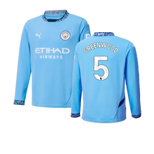 2024-2025 Man City Home Long Sleeve Shirt (Kids) (Greenwood 5)