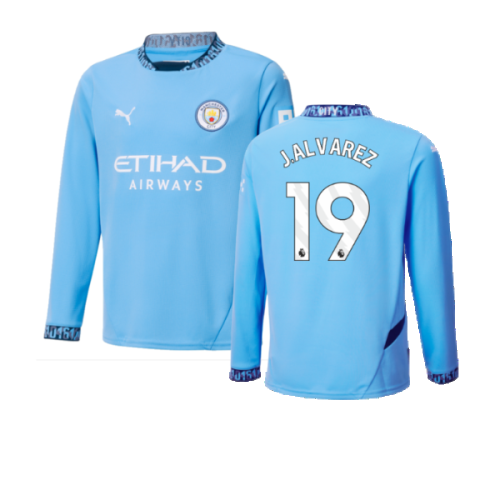 2024-2025 Man City Home Long Sleeve Shirt (Kids) (J.Alvarez 19)