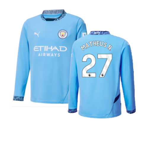 2024-2025 Man City Home Long Sleeve Shirt (Kids) (Matheus N. 27)