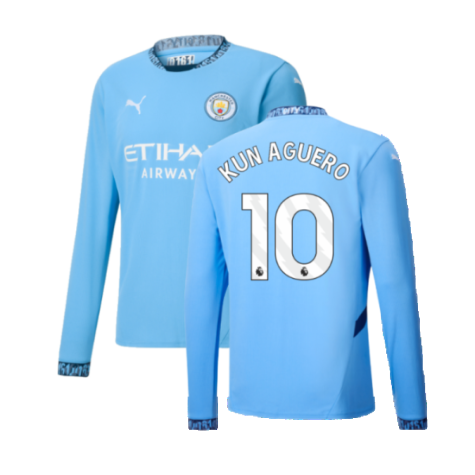 2024-2025 Man City Home Long Sleeve Shirt (Kun Aguero 10)