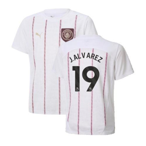 2024-2025 Man City Prematch SS Jersey (White) - Kids (J.Alvarez 19)