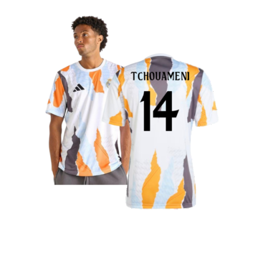 2024-2025 Real Madrid Pre-Match Shirt (White/Crew Orange) (Tchouameni 14)