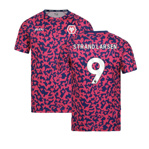 2024-2025 Wolves Pre Match T-Shirt - Blue/Pink (Strand Larsen 9)