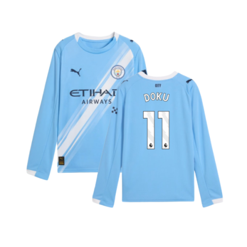 2025-2026 Man City Long Sleeve Home Shirt (Kids) (Doku 11)