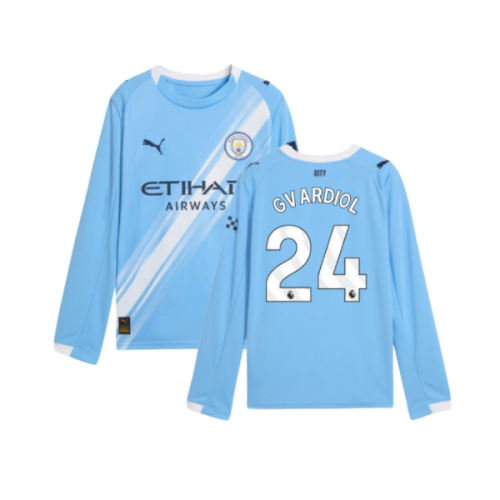 2025-2026 Man City Long Sleeve Home Shirt (Kids) (Gvardiol 24)