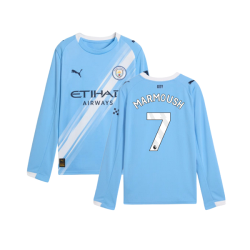 2025-2026 Man City Long Sleeve Home Shirt (Kids) (Marmoush 7)
