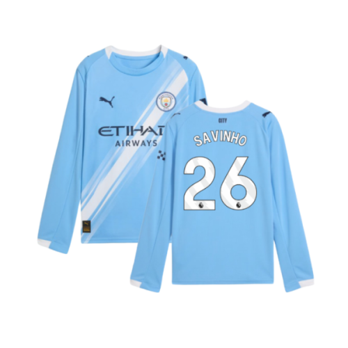 2025-2026 Man City Long Sleeve Home Shirt (Kids) (Savinho 26)