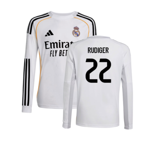 2025-2026 Real Madrid Long Sleeve Home Shirt (Kids) (Rudiger 22)