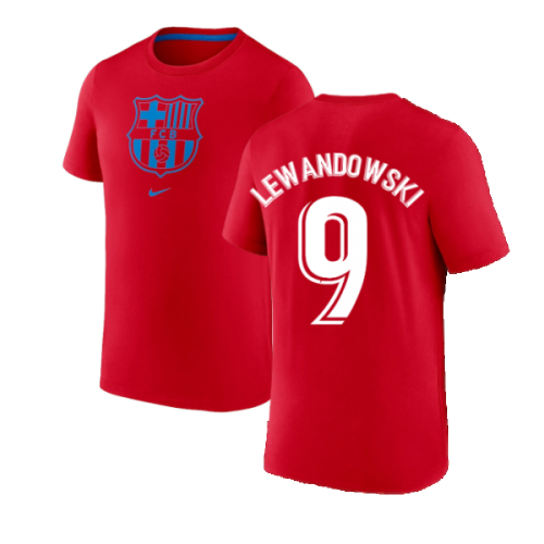 2022-2023 Barcelona Evergreen Crest Tee (Red) (LEWANDOWSKI 9)