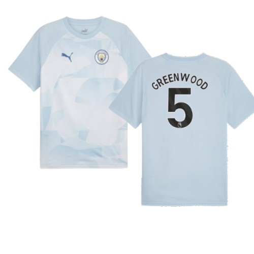 2023-2024 Man City Prematch SS Jersey (Silver Sky) - Kids (Greenwood 5)