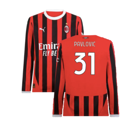2024-2025 AC Milan Home Long Sleeve Shirt (Pavlovic 31)