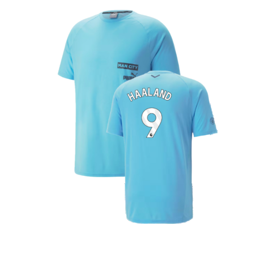 2023-2024 Man City Casuals Tee (Blue Wash) (HAALAND 9)