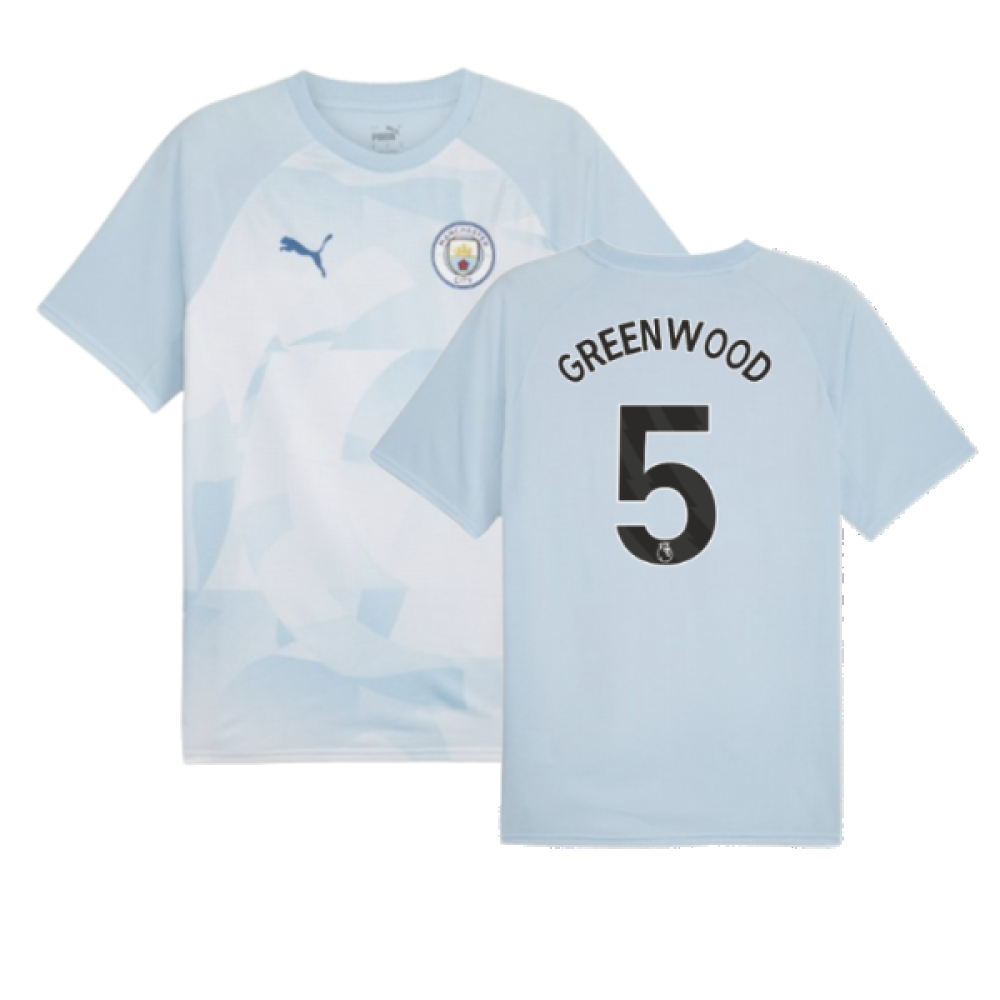 2023-2024 Man City Prematch SS Jersey (Silver Sky) - Kids (Greenwood 5)