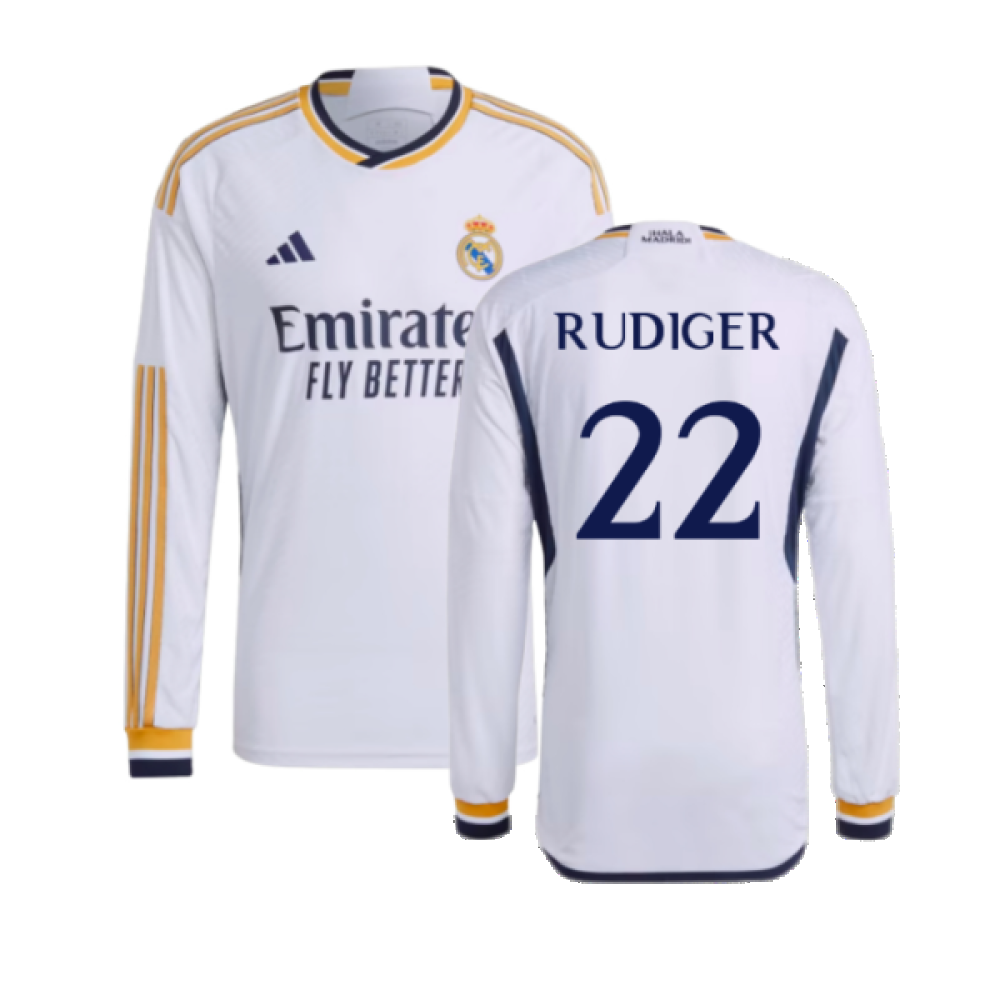 2023-2024 Real Madrid Authentic Long Sleeve Home Shirt (Rudiger 22)