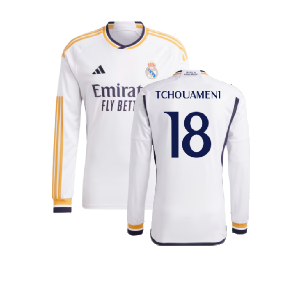 2023-2024 Real Madrid Long Sleeve Home Shirt (Tchouameni 18)