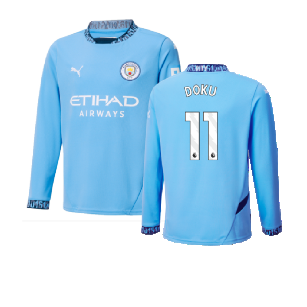 2024-2025 Man City Home Long Sleeve Shirt (Kids) (Doku 11)