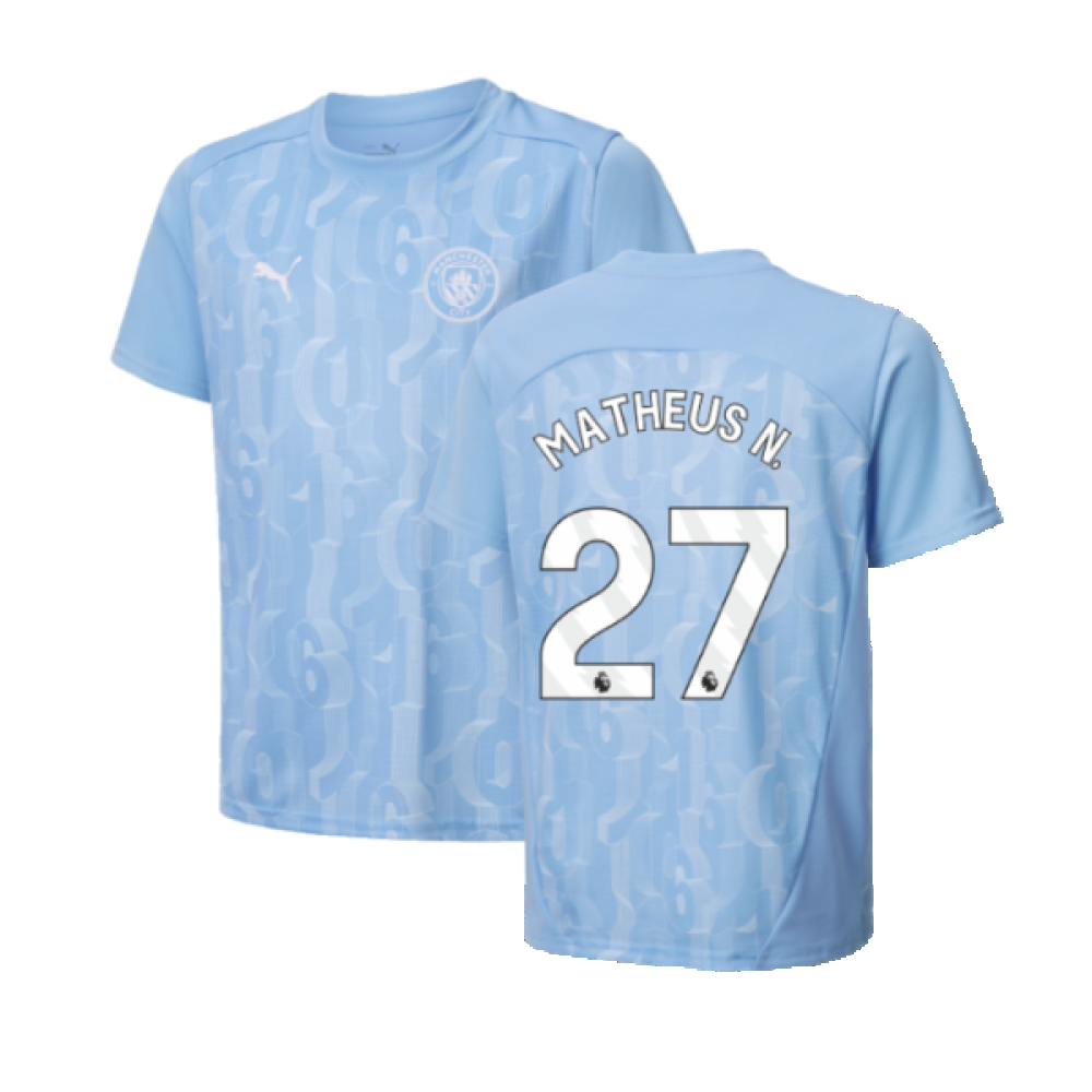 2024-2025 Man City Prematch SS Shirt (Light Blue) - Kids (Matheus N. 27)