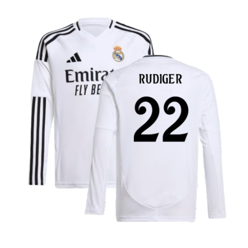 2024-2025 Real Madrid Long Sleeve Home Shirt (Kids) (Rudiger 22)