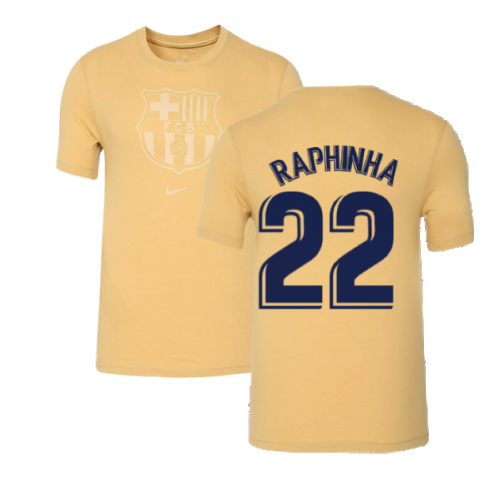 2022-2023 Barcelona Evergreen Crest Tee (Gold) (RAPHINHA 22)