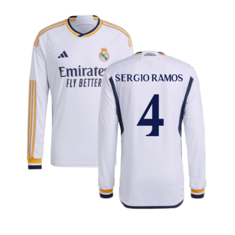 2023-2024 Real Madrid Authentic Long Sleeve Home Shirt (Sergio Ramos 4)