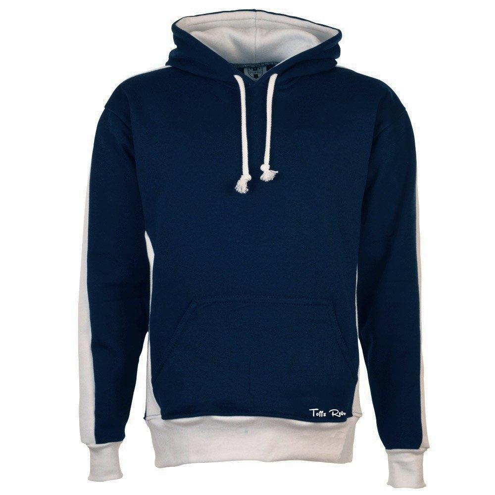 Toffs Retro Navy Hoodie White sleeve panels.